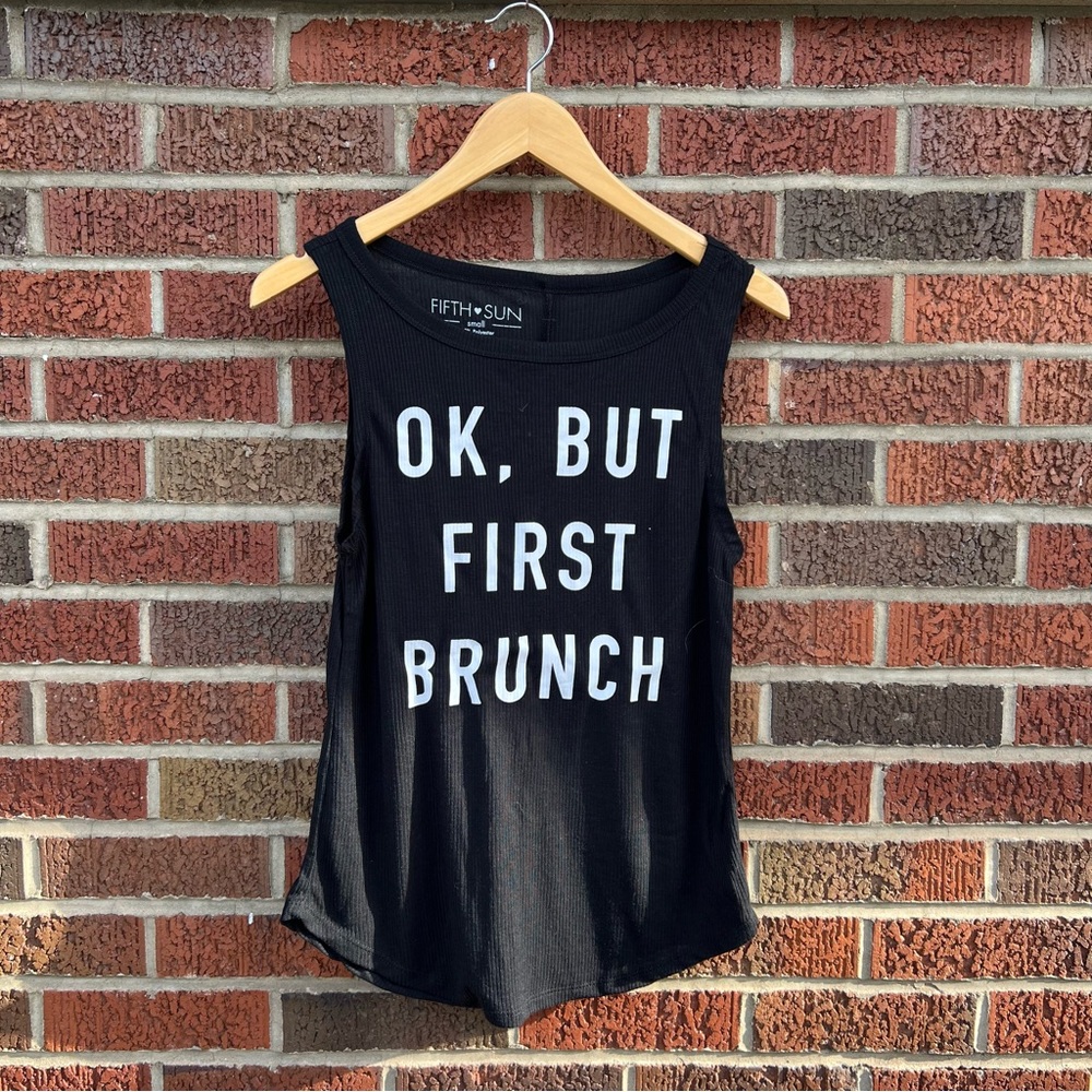 Fifth Sun Black Ribbed Ok, But First Lunch Sleeveless Tank Top
